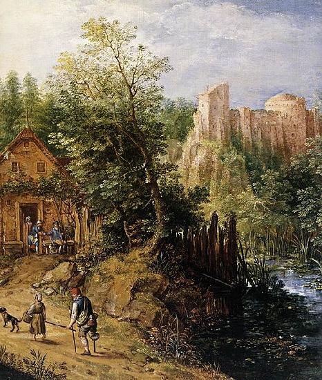 Pieter van Gunst Mountain Valley with Inn and Castle Germany oil painting art